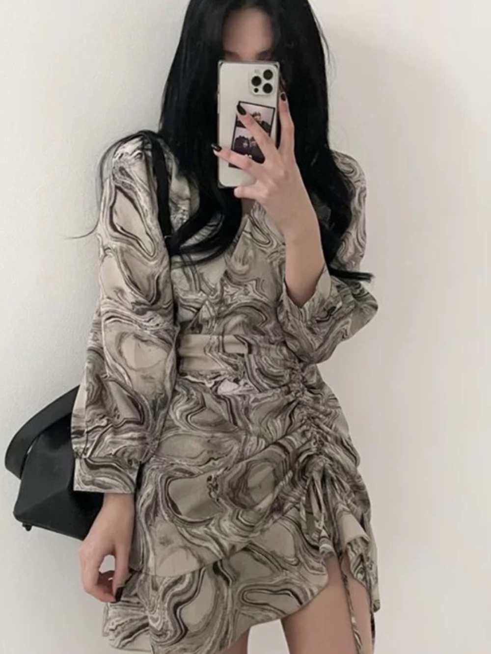 Marble Print Ruched Mini Dress Size S - Picture 3 of 4